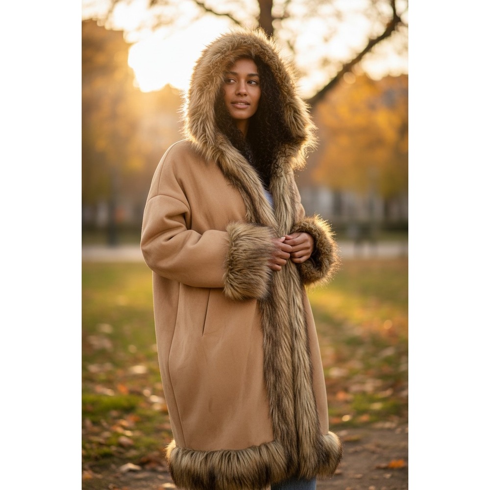 Adrienne Landau Camel Faux Fur Trim Hooded Coat Tan Mid Length M/L